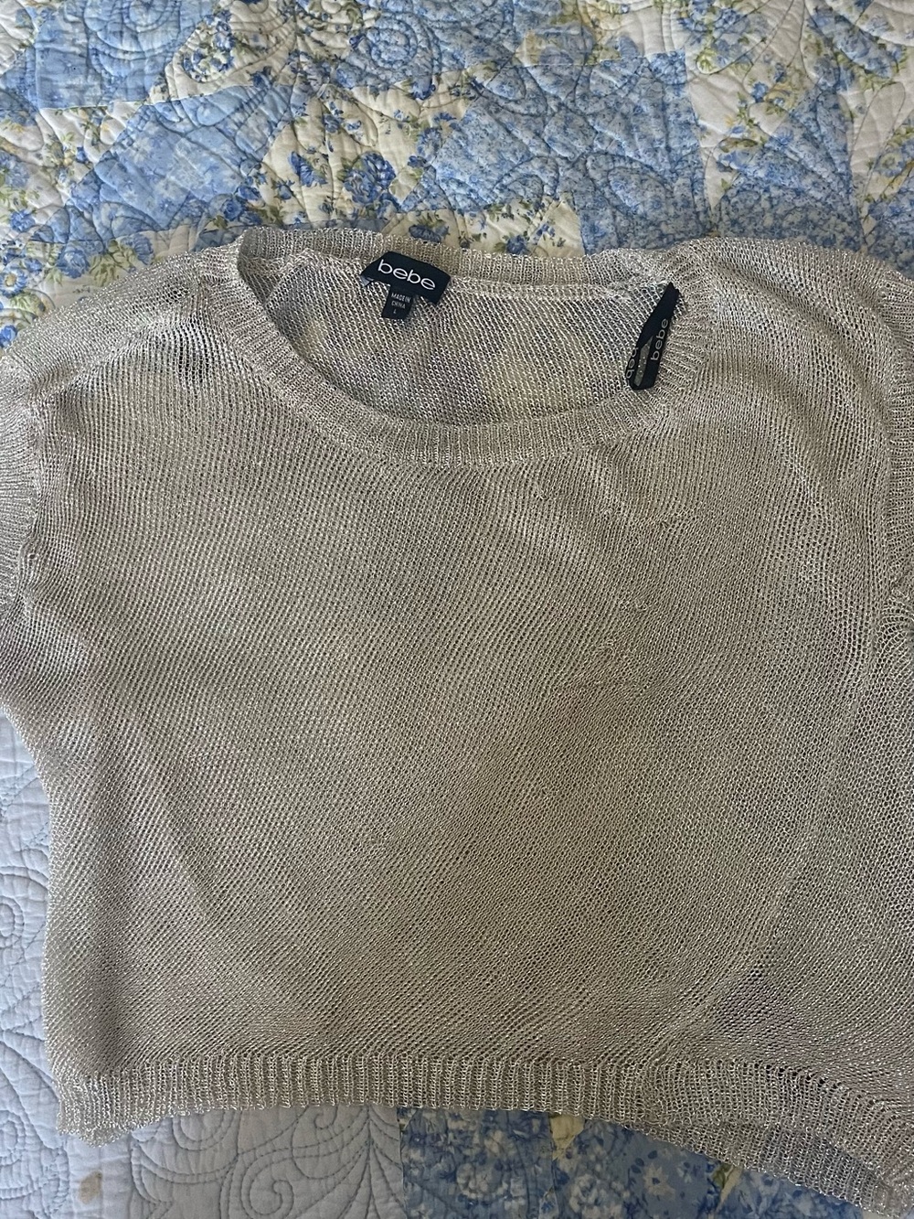 bebe Silver Metallic Short Sleeve Crew Neck Sweater